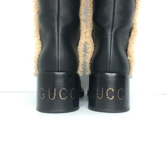 Gucci Shearling Trim Black Leather Knee High Pull On Riding Boots 37 - Picture 8 of 10